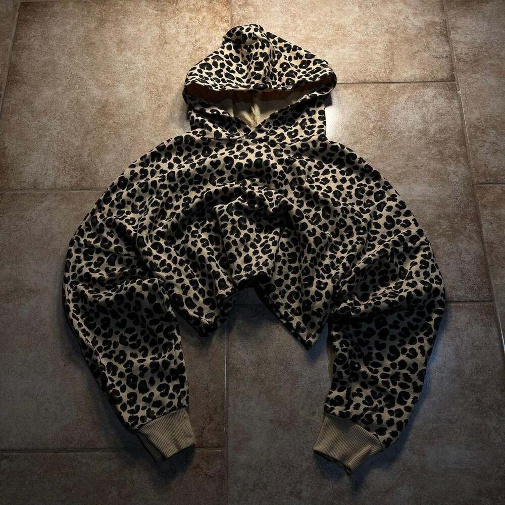 Vintage Leopard Cheetah Print H&M Cropped Hoodie Crop Top Jacket size S